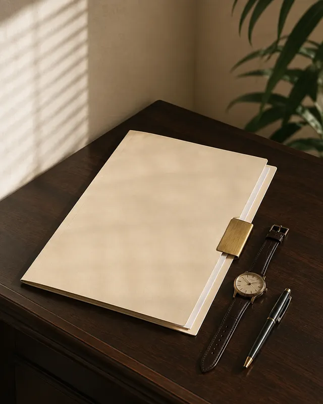 Blank cream docket folder, wristwatch, and pen on a walnut desk. SAMPLE still for the deadline article.