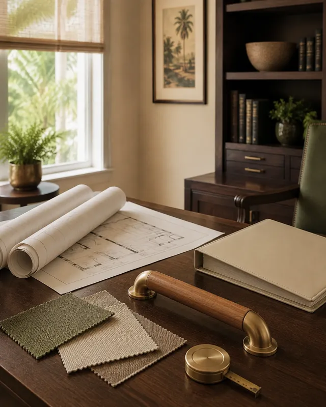 Accessibility plans, material samples, and a grab-bar sample on a walnut table. SAMPLE still for the life-care article.