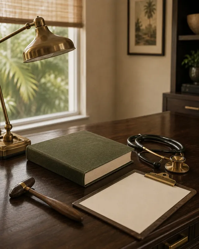 Medical reference book, stethoscope, blank clipboard, and reflex hammer on a walnut table. SAMPLE still for the specialists article.